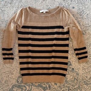LOFT Tan and Black Striped Crew Neck Sweater